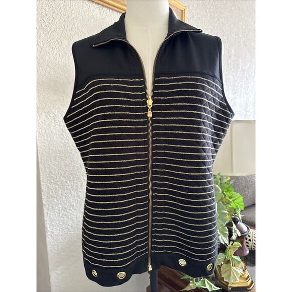 Quilted Puffer Vest Women’s Sz L Striped Black Gold Mock Neck Reversible - Picture 1 of 14